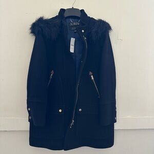 J. Crew Nello Gori Black Wool Coat with Faux Fur Hood NWT